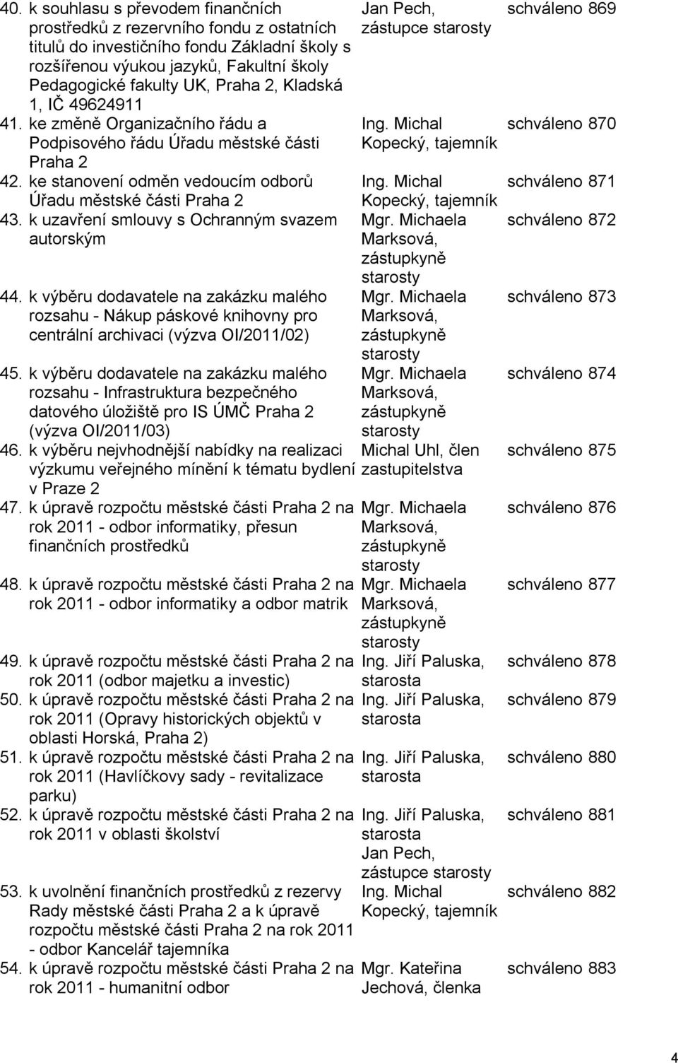 k uzavření smlouvy s Ochranným svazem autorským 44. k výběru dodavatele na zakázku malého rozsahu - Nákup páskové knihovny pro centrální archivaci (výzva OI/2011/02) 45.