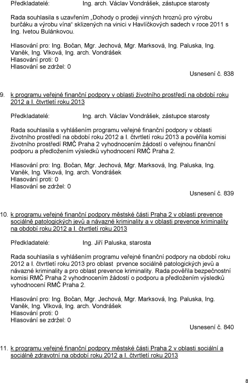 Ivetou Bulánkovou. Hlasování pro: Ing. Bočan, Mgr. Jechová, Mgr. Marksová, Ing. Paluska, Ing. Vaněk, Ing. Vlková, Ing. arch. Vondrášek Hlasování proti: 0 Hlasování se zdržel: 0 Usnesení č. 838 9.
