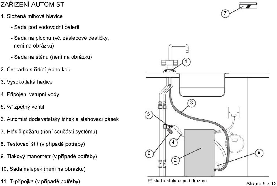 Připojení vstupní vody 5. ¾ zpětný ventil 6. Automist dodavatelský štítek a stahovací pásek 5 3 7. Hlásič požáru (není součástí systému) 8.