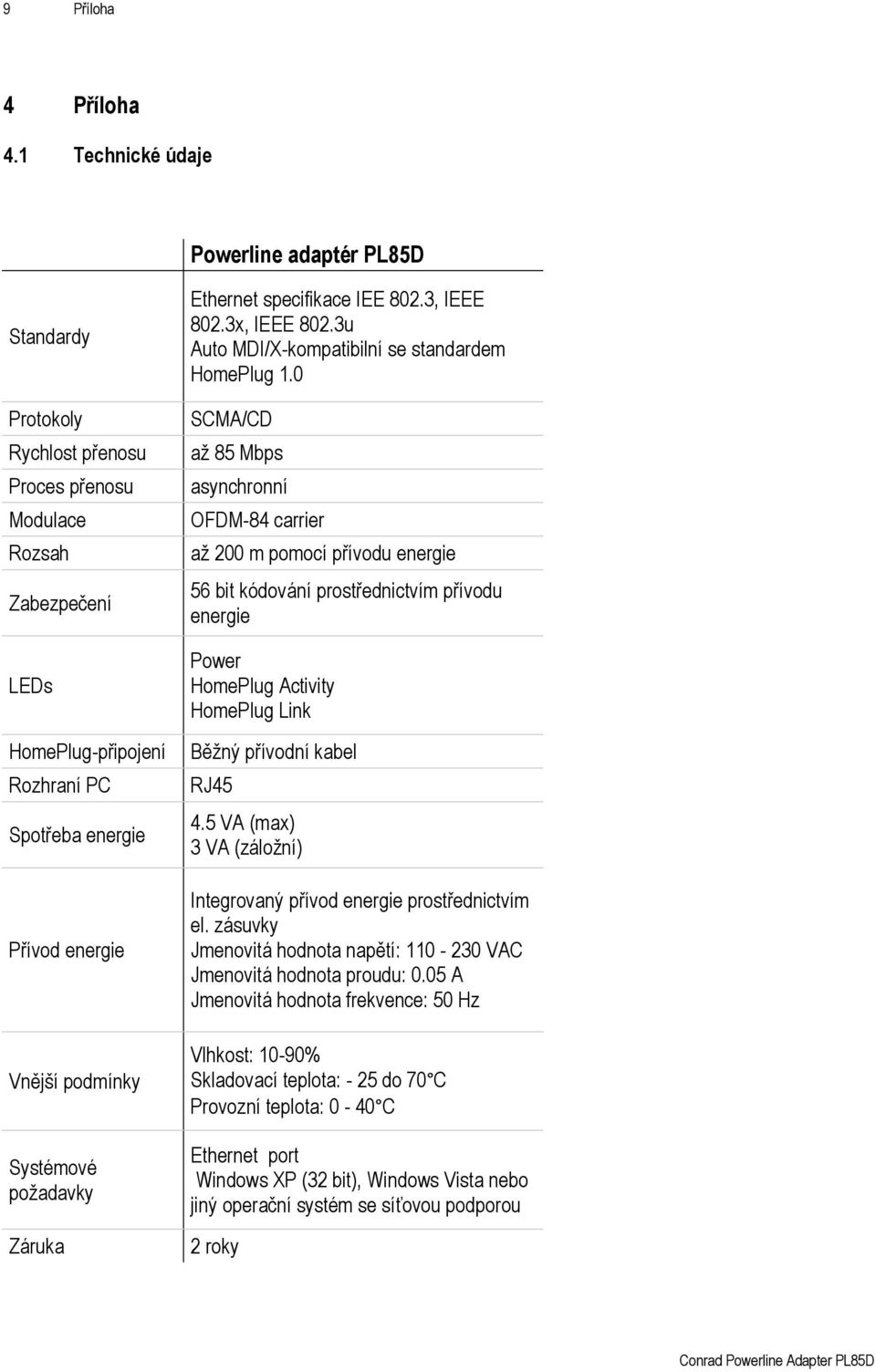 podmínky Systémové požadavky Záruka Ethernet specifikace IEE 802.3, IEEE 802.3x, IEEE 802.3u Auto MDI/X-kompatibilní se standardem HomePlug 1.