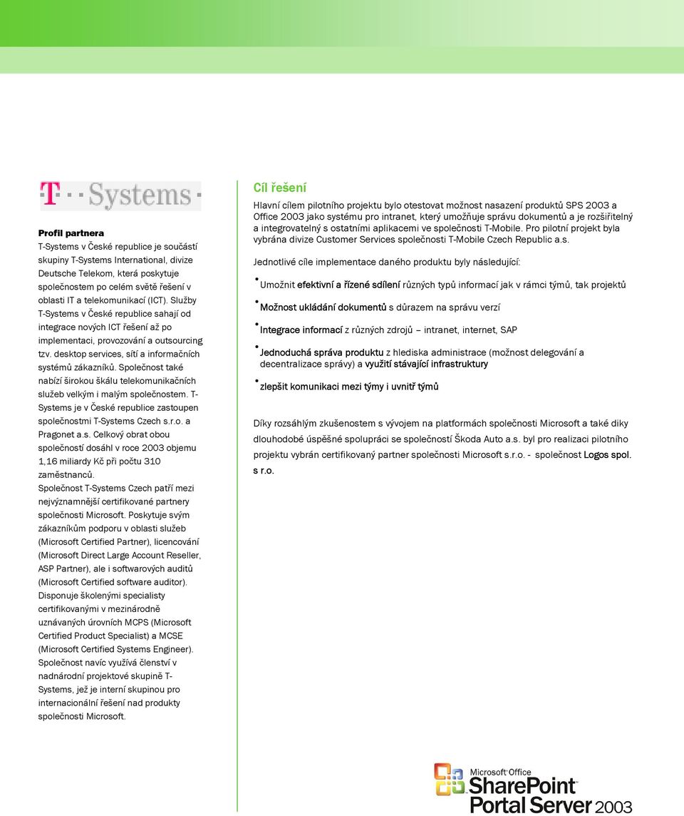 Společnost také nabízí širokou škálu telekomunikačních služeb velkým i malým společnostem. T- Systems je v České republice zastoupen společnostmi T-Systems Czech s.r.o. a Pragonet a.s. Celkový obrat obou společností dosáhl v roce 2003 objemu 1,16 miliardy Kč při počtu 310 zaměstnanců.