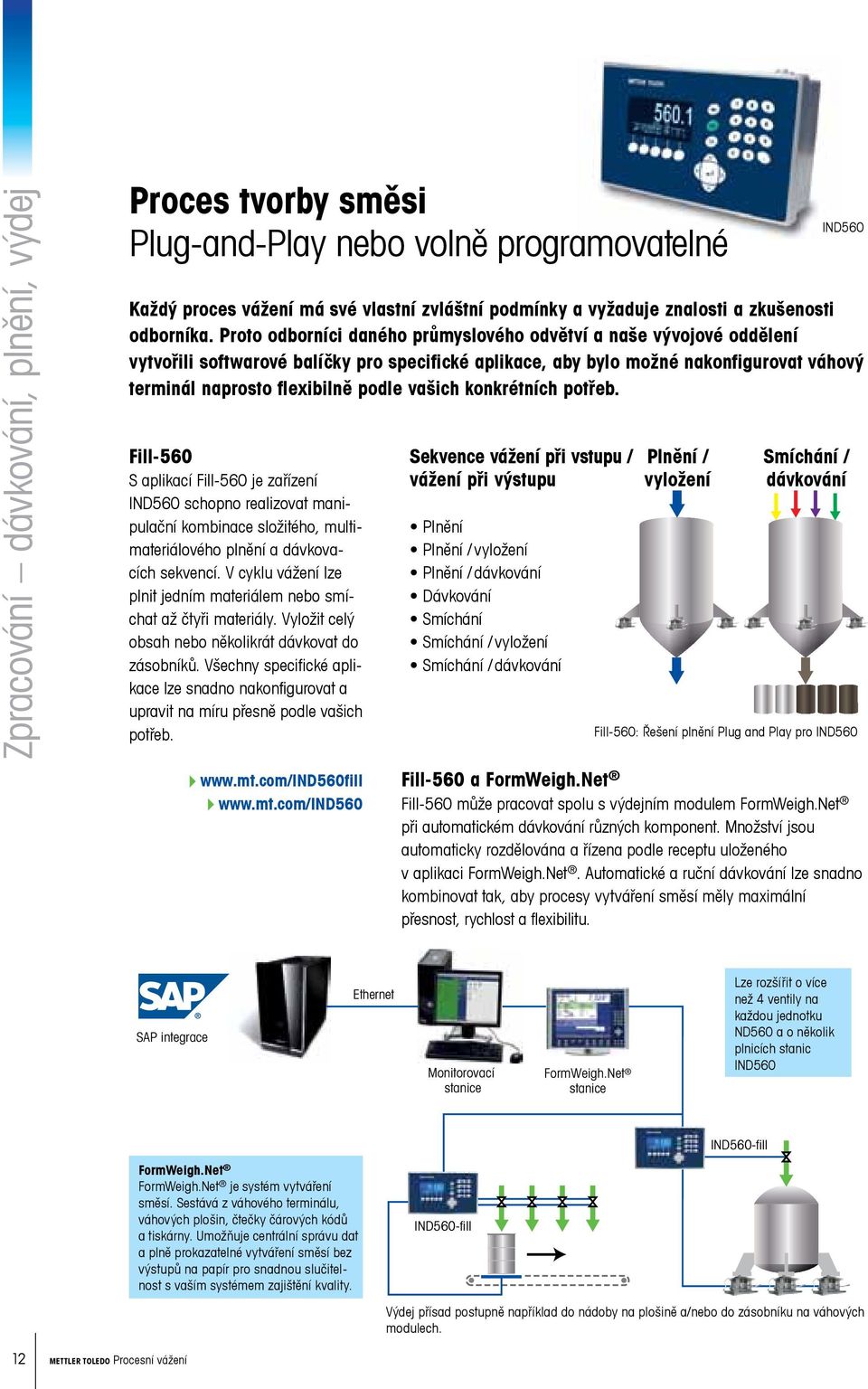 vašich konkrétních potřeb. Fill-560 S aplikací Fill-560 je zařízení IND560 schopno realizovat manipulační kombinace složitého, multimateriálového plnění a dávkovacích sekvencí.