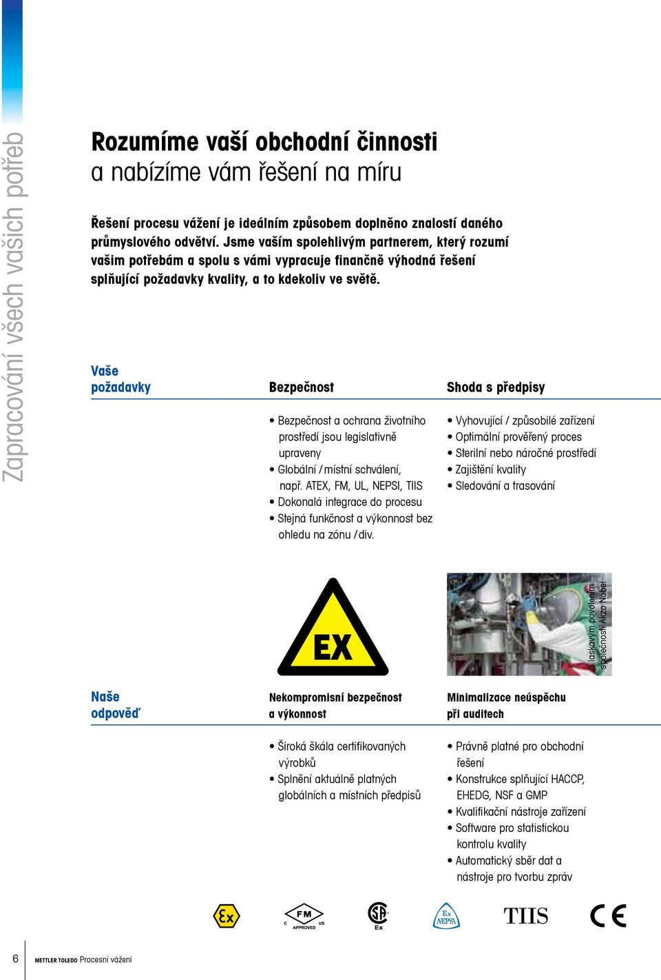 Vaše požadavky Bezpečnost Bezpečnost a ochrana životního prostředí jsou legislativně upraveny Globální / místní schválení, např.