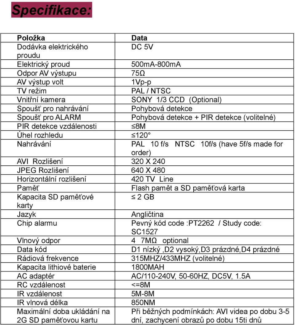 Rozlišení 320 X 240 JPEG Rozlišení 640 X 480 Horizontální rozlišení 420 TV Line Paměť Flash pamět a SD paměťová karta Kapacita SD paměťové 2 GB karty Jazyk Angličtina Chip alarmu Pevný kód code