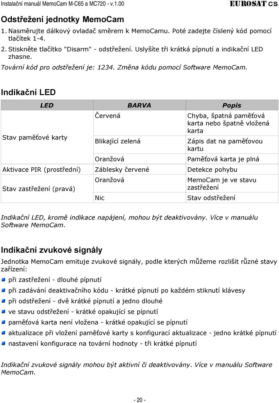 Indikační LED Stav paměťové karty LED BARVA Popis Červená Blikající zelená Oranžová Chyba, špatná paměťová karta nebo špatně vložená karta Zápis dat na paměťovou kartu Paměťová karta je plná Aktivace