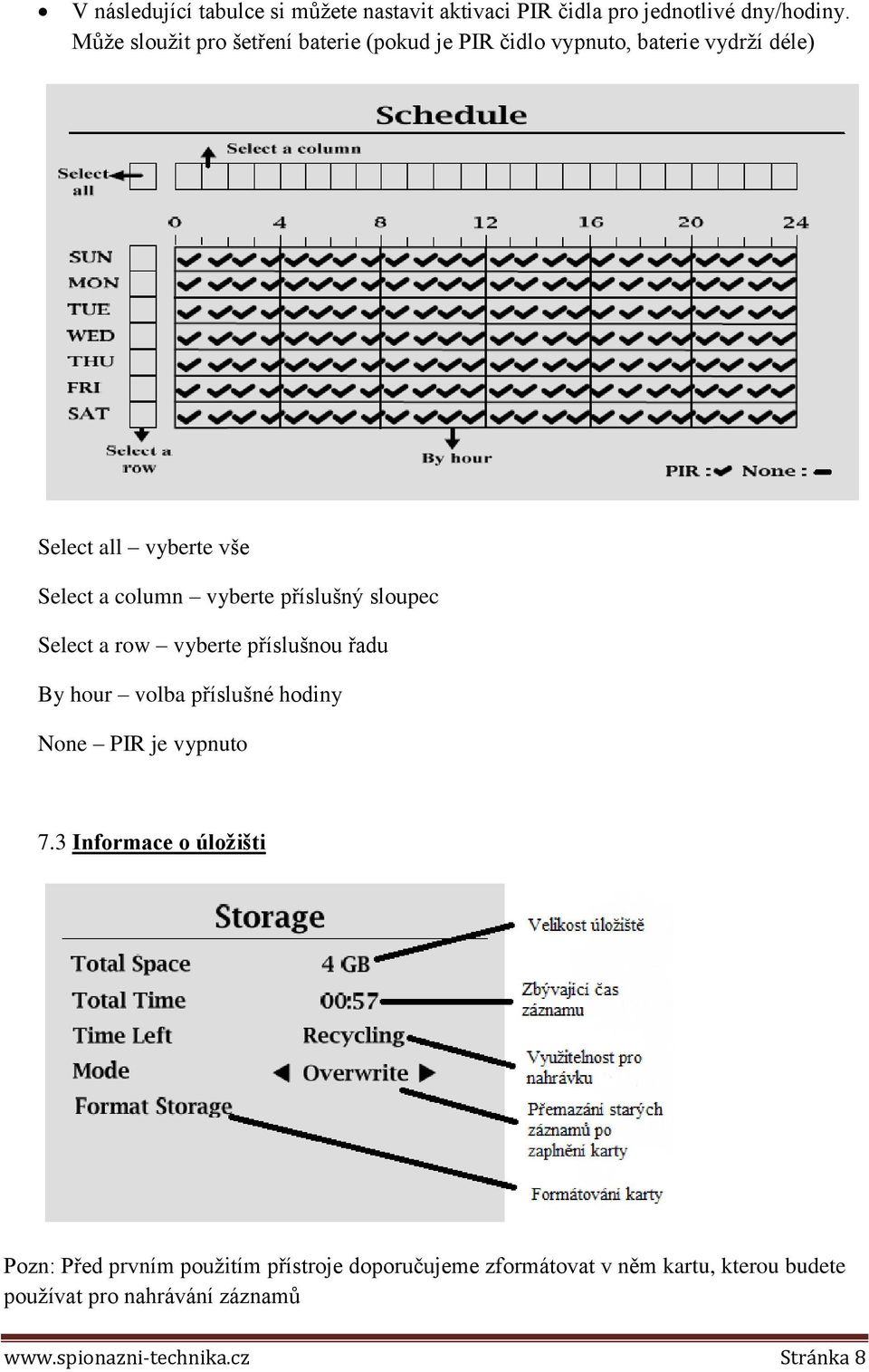 vyberte příslušný sloupec Select a row vyberte příslušnou řadu By hour volba příslušné hodiny None PIR je vypnuto 7.