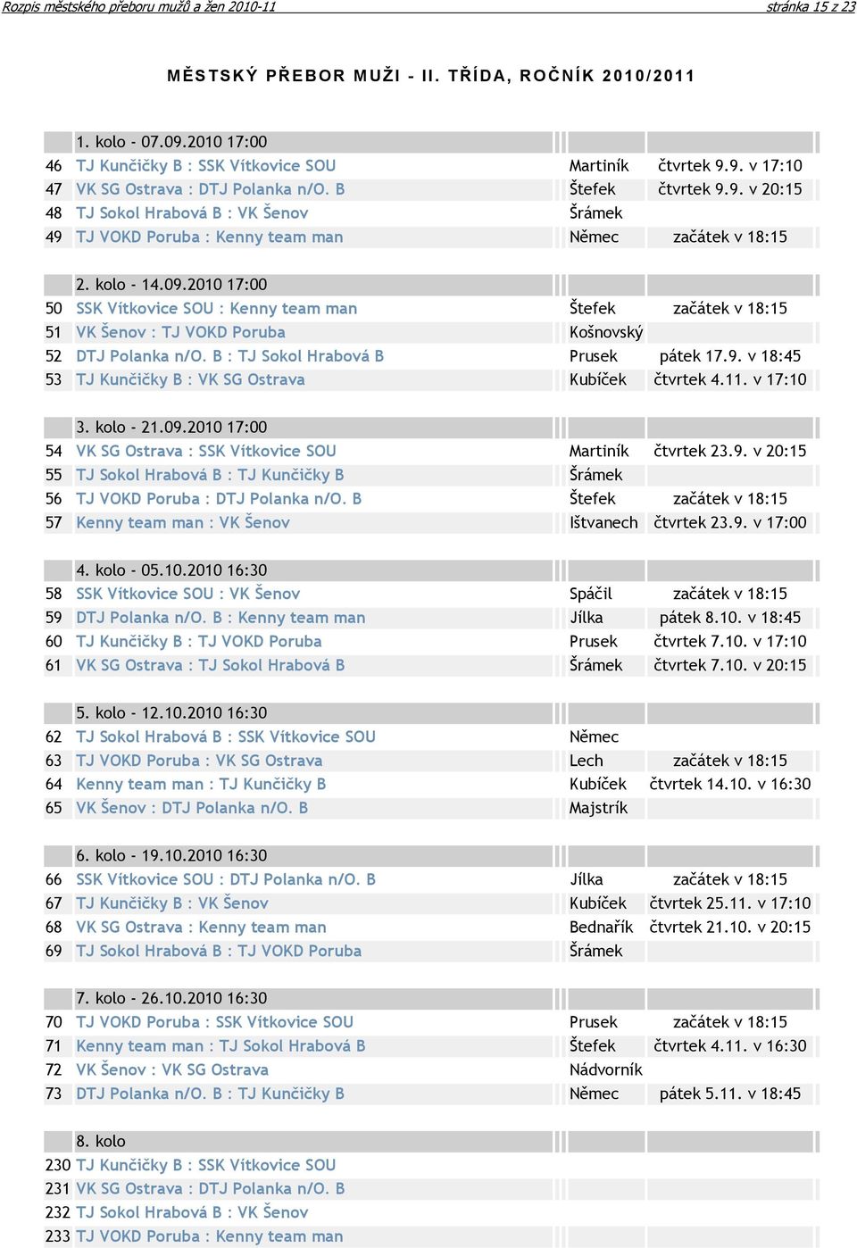 2010 17:00 50 SSK Vítkovice SOU : Kenny team man Štefek začátek v 18:15 51 VK Šenov : TJ VOKD Poruba Košnovský 52 DTJ Polanka n/o. B : TJ Sokol Hrabová B Prusek pátek 17.9.
