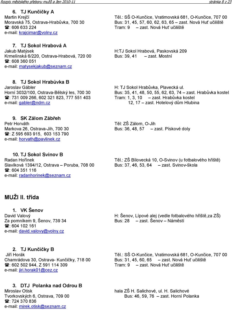 Nová Huť učiliště e-mail: krajcimar@volny.cz 7. TJ Sokol Hrabová A Jakub Matýsek H:TJ Sokol Hrabová, Paskovská 209 Krmelínská 6/220, Ostrava-Hrabová, 720 00 Bus: 39, 41 zast.