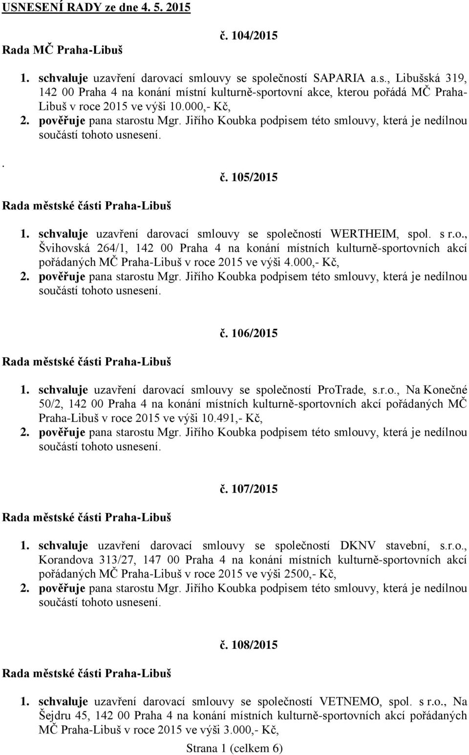 000,- Kč, č. 106/2015 1. schvaluje uzavření darovací smlouvy se společností ProTrade, s.r.o., Na Konečné 50/2, 142 00 Praha 4 na konání místních kulturně-sportovních akcí pořádaných MČ Praha-Libuš v roce 2015 ve výši 10.