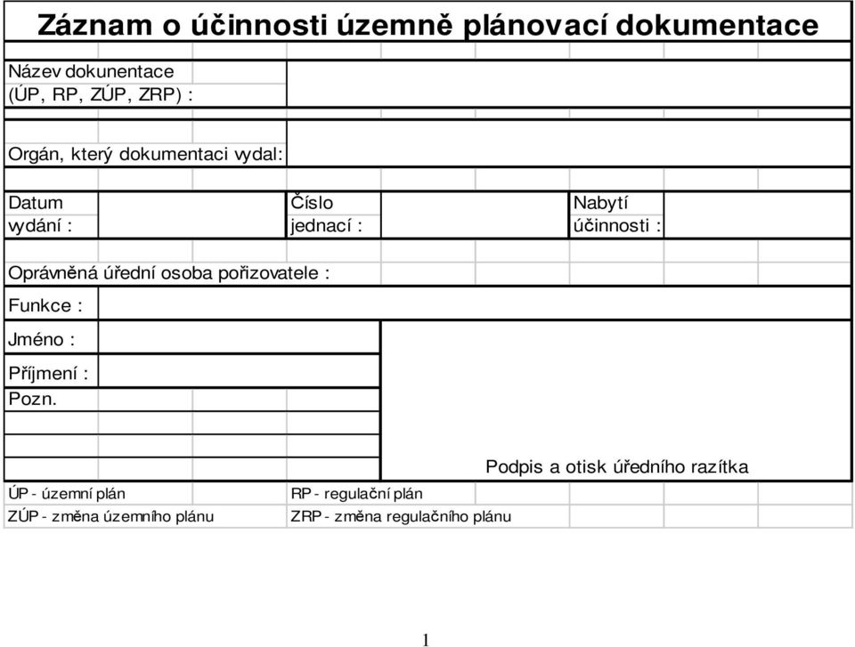 úřední osoba pořizovatele : Funkce : Jméno : Příjmení : Pozn.