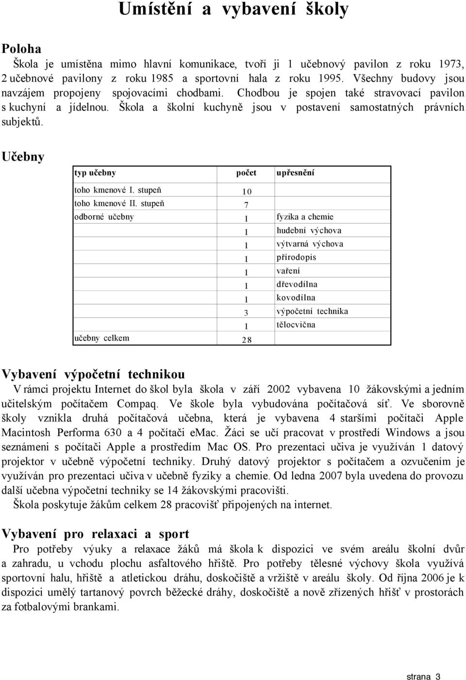 Učebny typ učebny počet upřesnění toho kmenové I. stupeň 10 toho kmenové II.