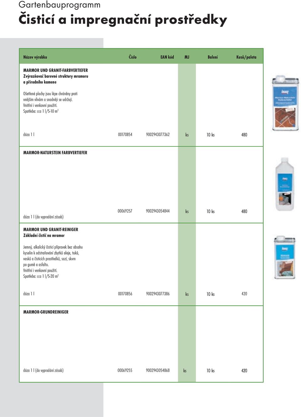 Spotřeba: cca 1 l/5-10 m 2 dóza 1 l 00170854 9002943077362 ks 10 ks 480 MARMOR-NATURSTEIN FARBVERTIEFER dóza 1 l (do vyprodání zásob) 00069257 9002943054844 ks 10 ks 480 MARMOR UND GRANIT-REINIGER