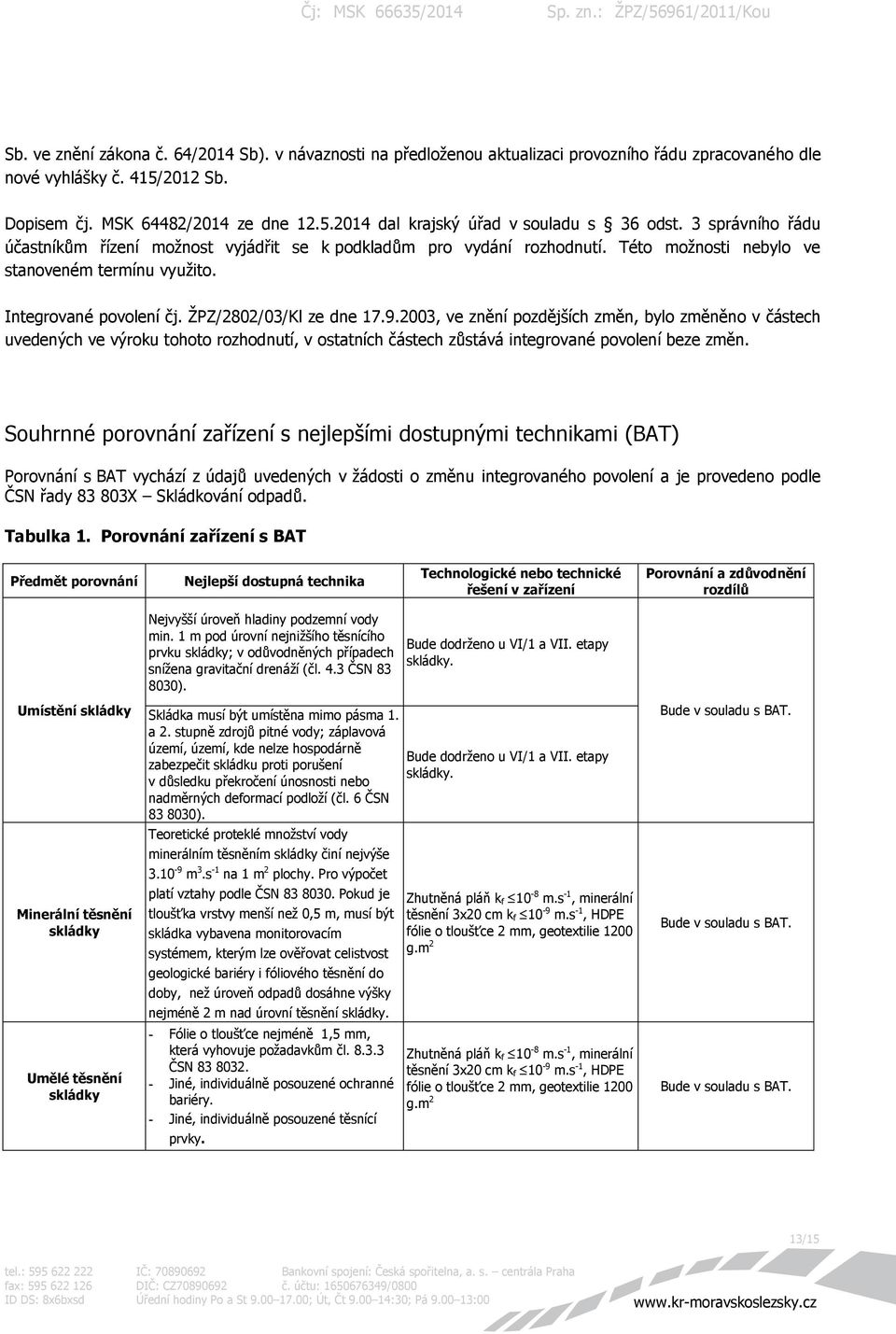 2003, ve znění pozdějších změn, bylo změněno v částech uvedených ve výroku tohoto rozhodnutí, v ostatních částech zůstává integrované povolení beze změn.