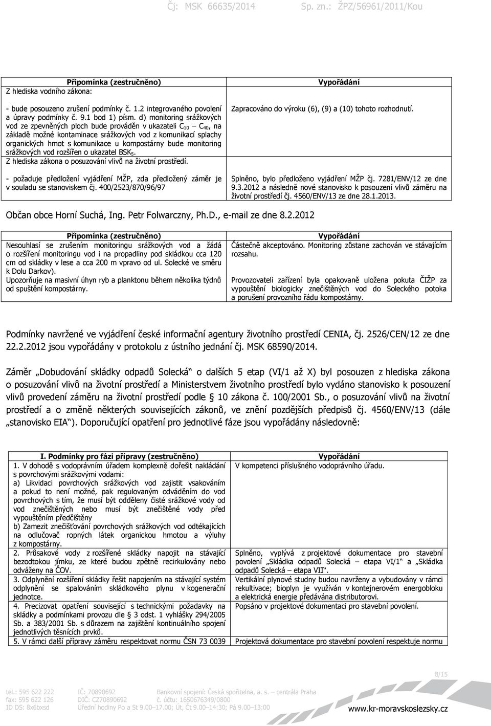 monitoring srážkových vod rozšířen o ukazatel BSK 5. Z hlediska zákona o posuzování vlivů na životní prostředí.