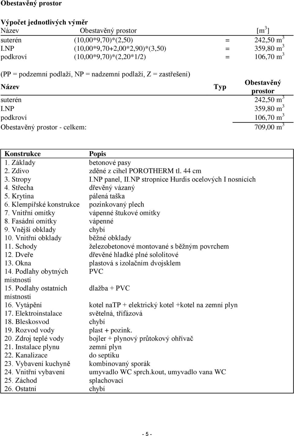 m 3 I.NP 359,80 m 3 podkroví 106,70 m 3 Obestavěný prostor - celkem: 709,00 m 3 Konstrukce Popis 1. Základy betonové pasy 2. Zdivo zděné z cihel POROTHERM tl. 44 cm 3. Stropy I.NP panel, II.