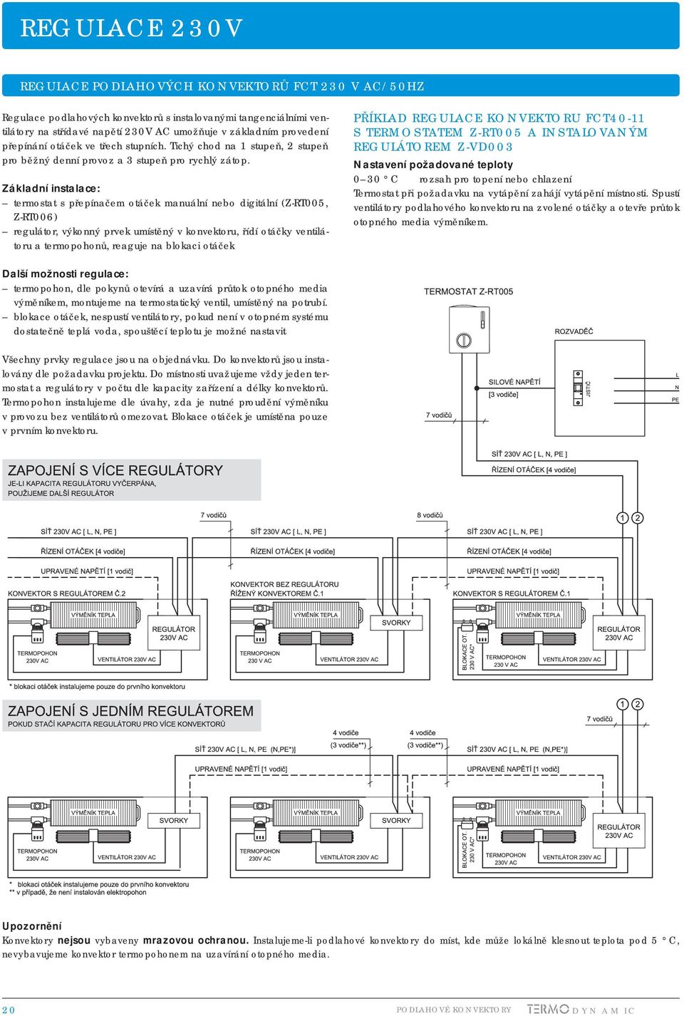 Základní instalace: termostat s přepínačem otáček manuální nebo digitální (Z-RT005, Z-RT006) regulátor, výkonný prvek umístěný v konvektoru, řídí otáčky ventilátoru a termopohonů, reaguje na blokaci