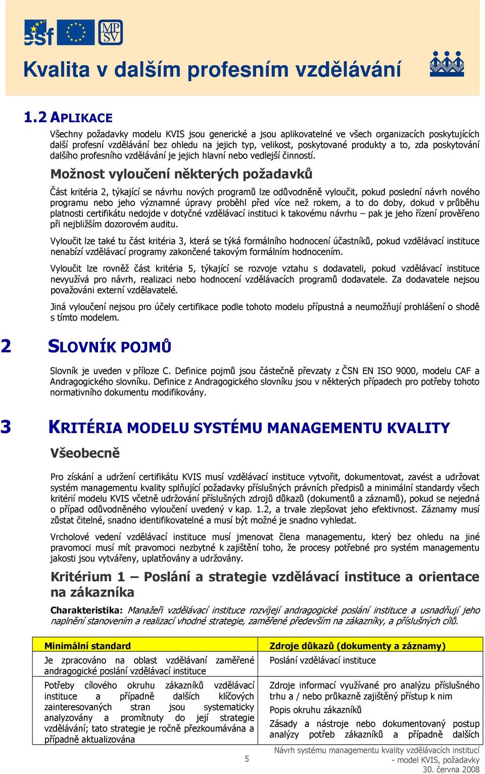 Možnost vyloučení některých požadavků Část kritéria 2, týkající se návrhu nových programů lze odůvodněně vyloučit, pokud poslední návrh nového programu nebo jeho významné úpravy proběhl před více než