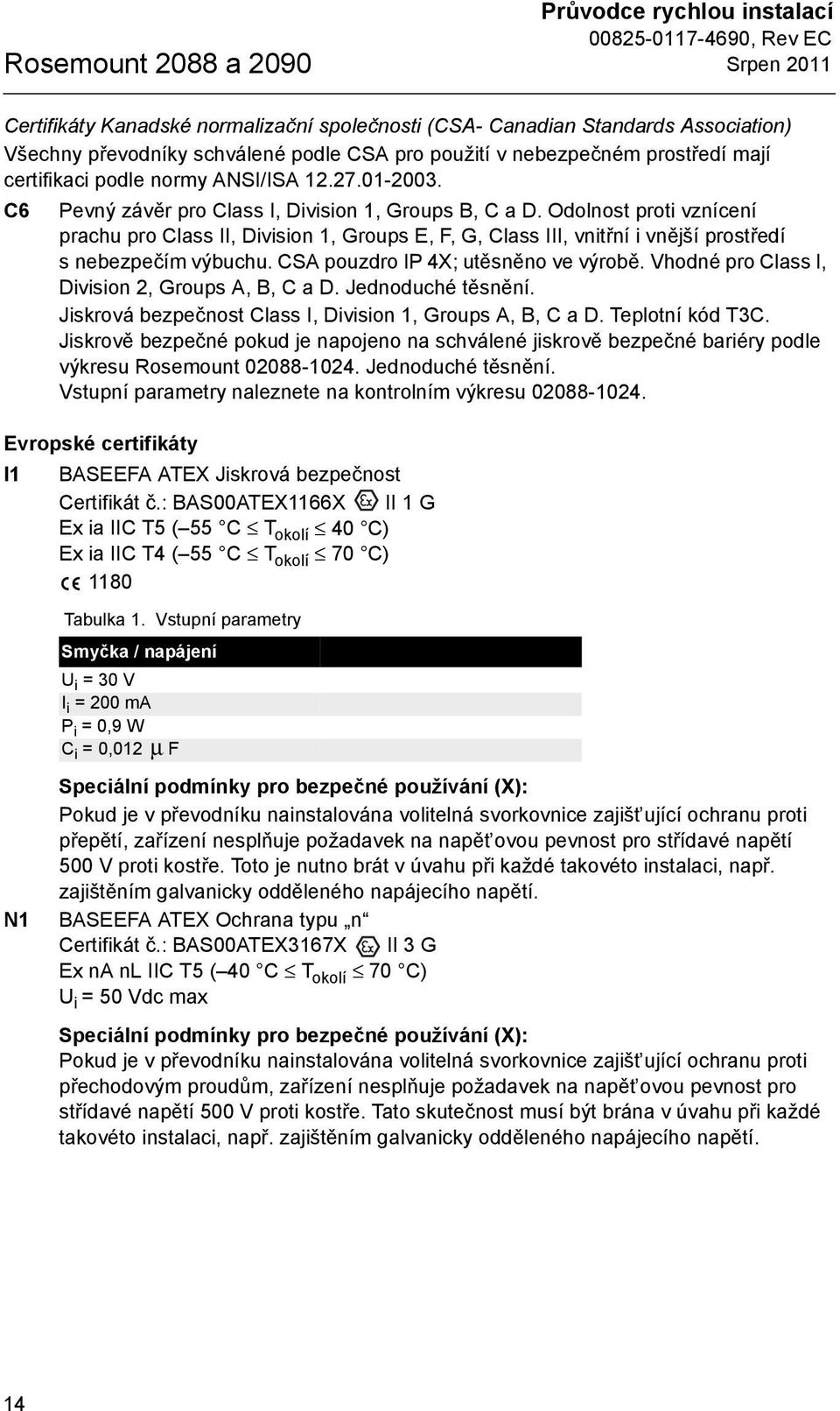 Odolnost proti vznícení prachu pro Class II, Division 1, Groups E, F, G, Class III, vnitřní i vnější prostředí s nebezpečím výbuchu. CSA pouzdro IP 4X; utěsněno ve výrobě.
