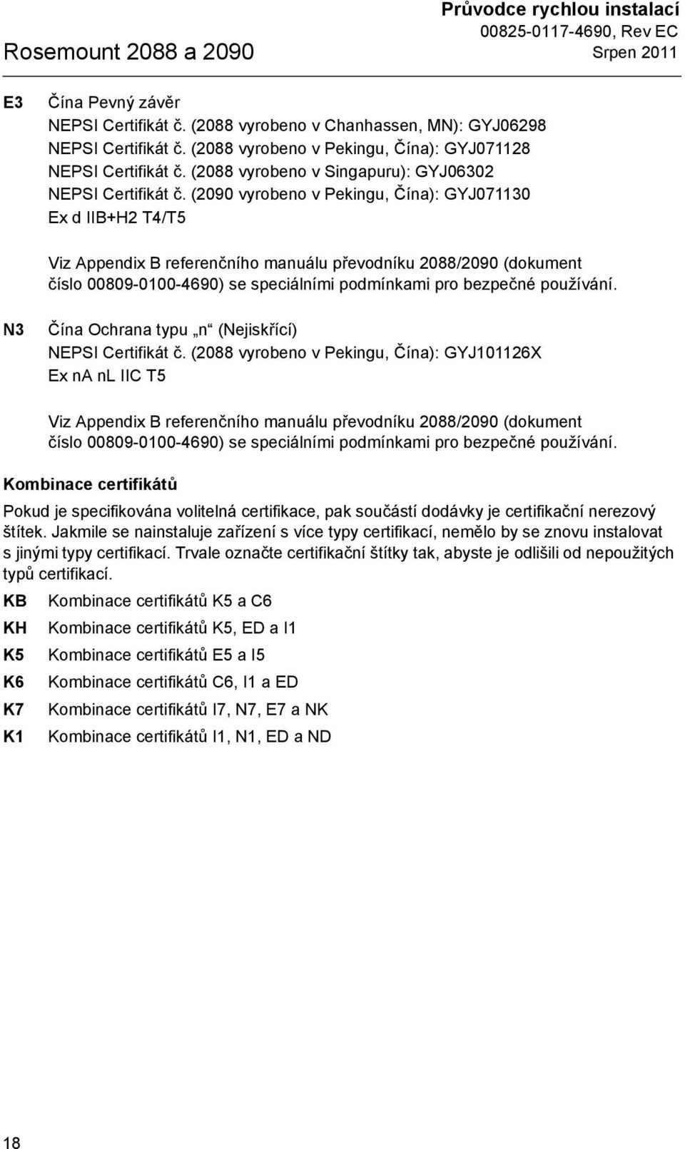 (2090 vyrobeno v Pekingu, Čína): GYJ071130 Ex d IIB+H2 T4/T5 Viz Appendix B referenčního manuálu převodníku 2088/2090 (dokument číslo 00809-0100-4690) se speciálními podmínkami pro bezpečné používání.