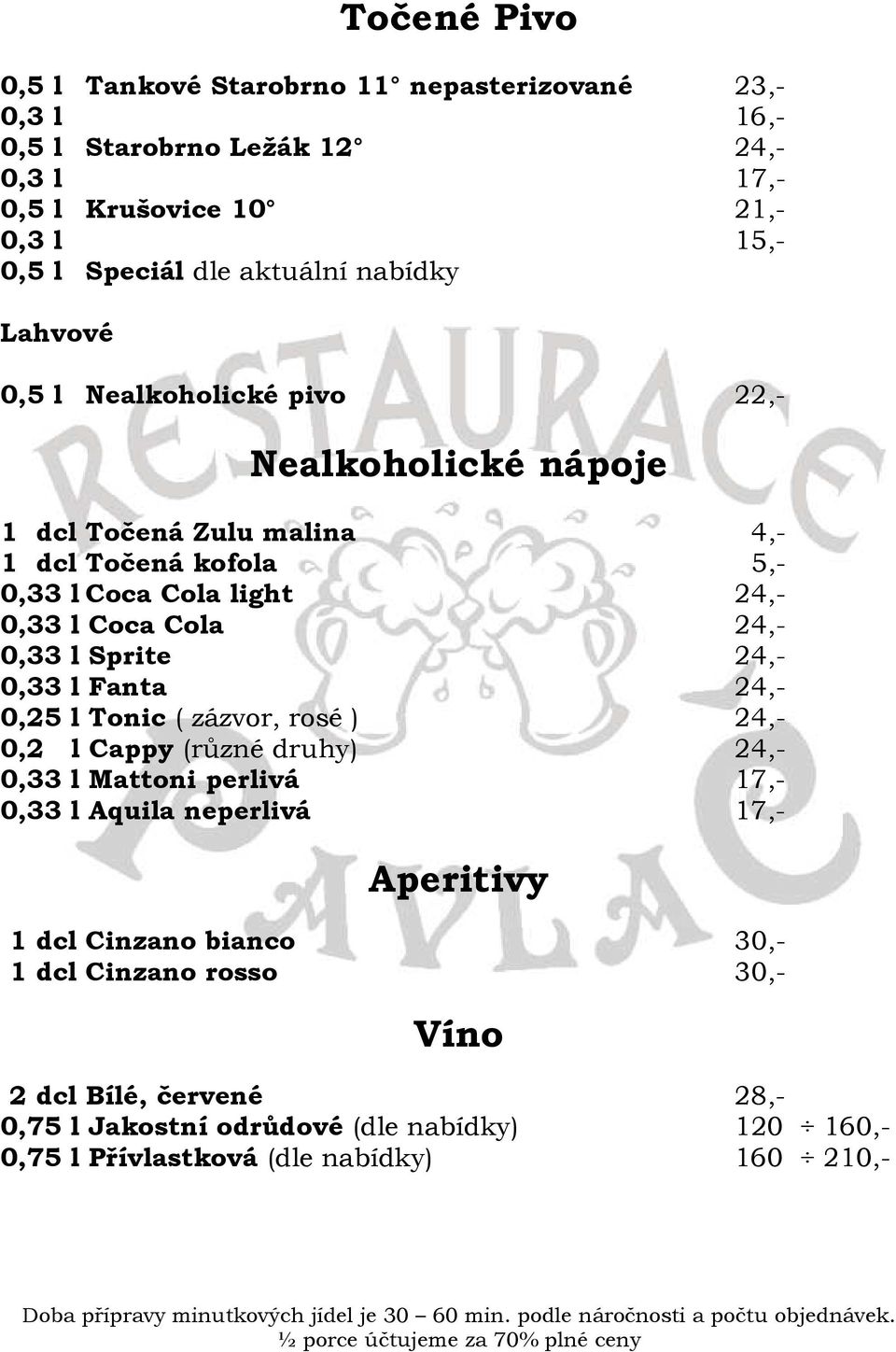 Cola 24,- 0,33 l Sprite 24,- 0,33 l Fanta 24,- 0,25 l Tonic ( zázvor, rosé ) 24,- 0,2 l Cappy (různé druhy) 24,- 0,33 l Mattoni perlivá 17,- 0,33 l Aquila neperlivá 17,-