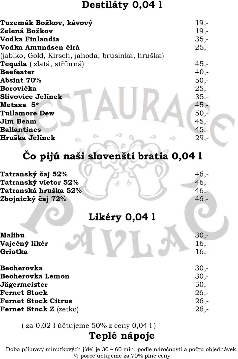 naši slovenští bratia 0,04 l Tatranský čaj 52% 46,- Tatranský vietor 52% 46,- Tatranská hruška 52% 46,- Zbojnický čaj 72% 46,- Likéry 0,04 l Malibu 30,- Vaječný likér 16,- Griotka