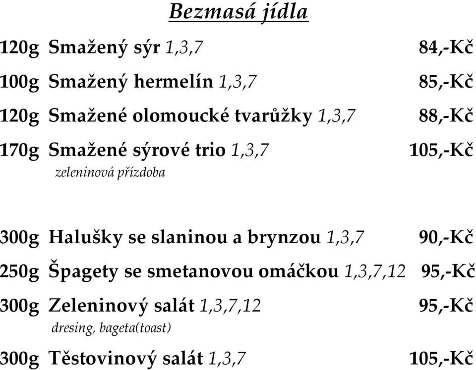 300g Halušky se slaninou a brynzou 1,3,7 90,-Kč 250g Špagety se smetanovou omáčkou 1,3,7,12