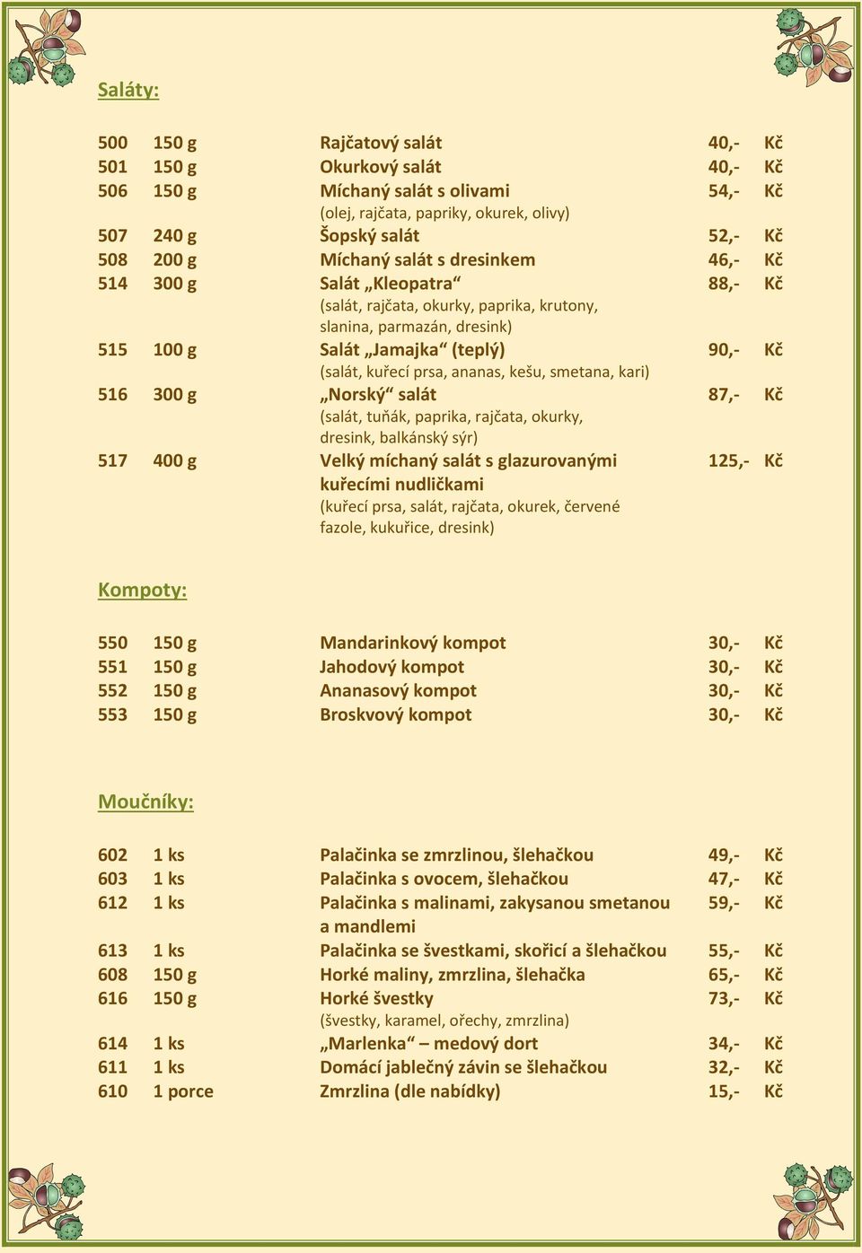 ananas, kešu, smetana, kari) 516 300 g Norský salát 87,- Kč (salát, tuňák, paprika, rajčata, okurky, dresink, balkánský sýr) 517 400 g Velký míchaný salát s glazurovanými 125,- Kč kuřecími nudličkami