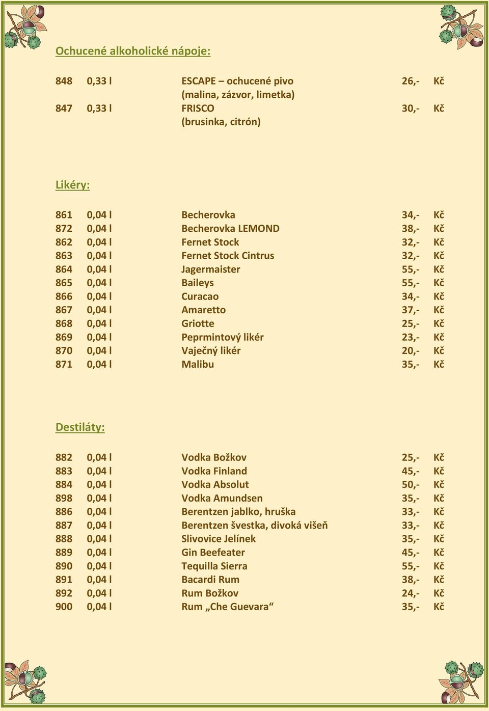 Kč 868 0,04 l Griotte 25,- Kč 869 0,04 l Peprmintový likér 23,- Kč 870 0,04 l Vaječný likér 20,- Kč 871 0,04 l Malibu 35,- Kč Destiláty: 882 0,04 l Vodka Božkov 25,- Kč 883 0,04 l Vodka Finland 45,-