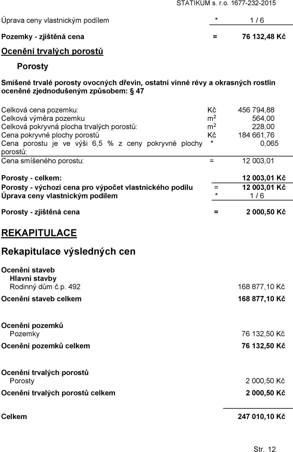 ceněné zjedndušeným způsbem: 47 Celkvá cena pzemku: Kč 456 794,88 Celkvá výměra pzemku m 2 564,00 Celkvá pkryvná plcha trvalých prstů: m 2 228,00 Cena pkryvné plchy prstů Kč 184 661,76 Cena prstu je