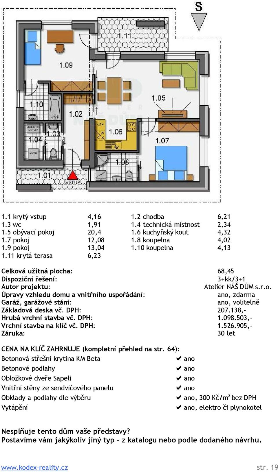 DPH: 207.138,- Hrubá vrchní stavba vč. DPH: 1.098.503,- Vrchní stavba na klíč vč. DPH: 1.526.905,- Záruka: 30 let CENA NA KLÍČ ZAHRNUJE (kompletní přehled na str.