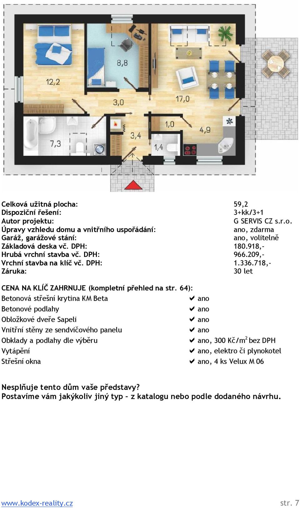 64): Betonová střešní krytina KM Beta Betonové podlahy Obložkové dveře Sapeli Vnitřní stěny ze sendvičového panelu Obklady a podlahy dle výběru, 300 Kč/m 2 bez DPH Vytápění, elektro