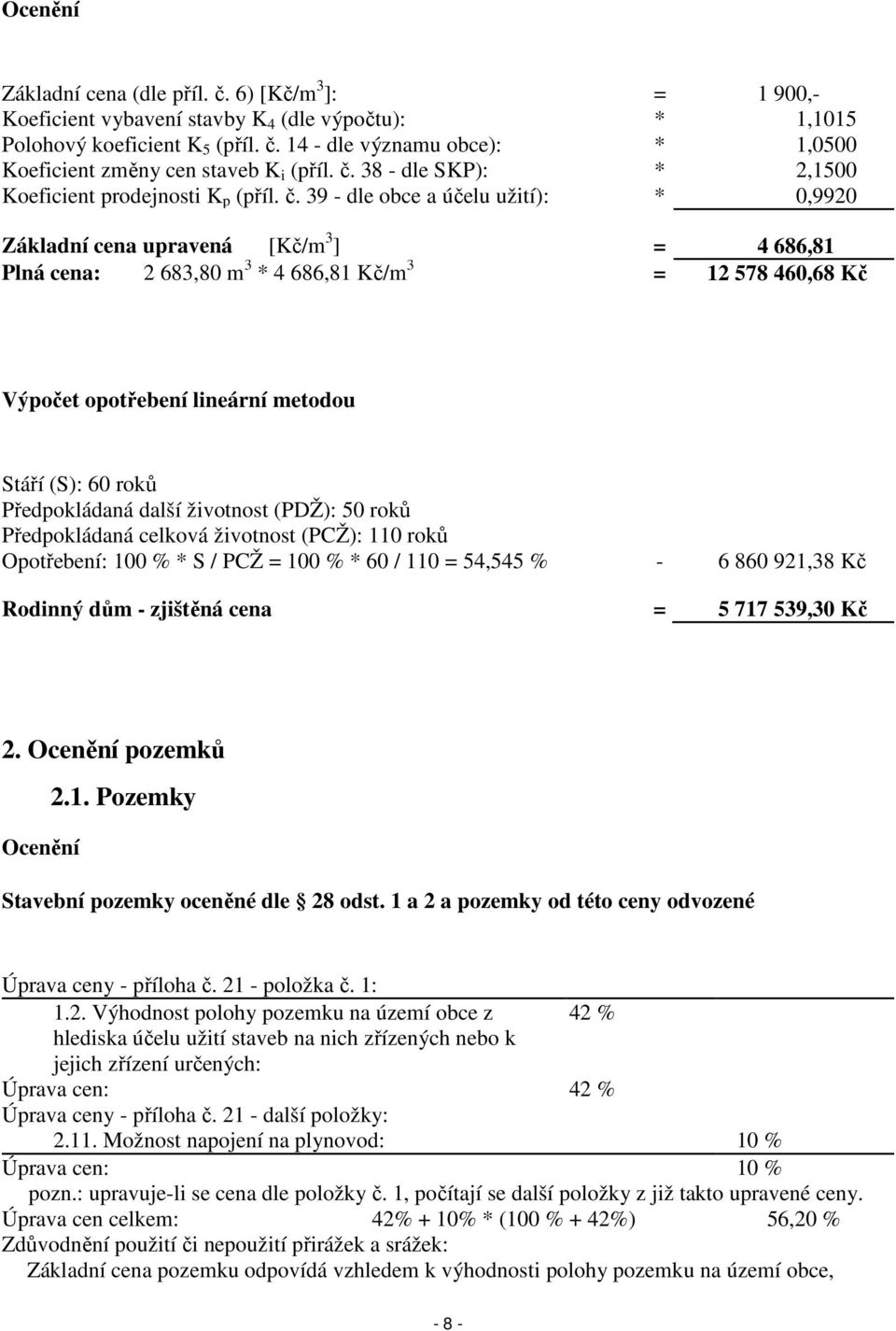 39 - dle obce a účelu užití): * 0,9920 Základní cena upravená [Kč/m 3 ] = 4 686,81 Plná cena: 2 683,80 m 3 * 4 686,81 Kč/m 3 = 12 578 460,68 Kč Výpočet opotřebení lineární metodou Stáří (S): 60 roků