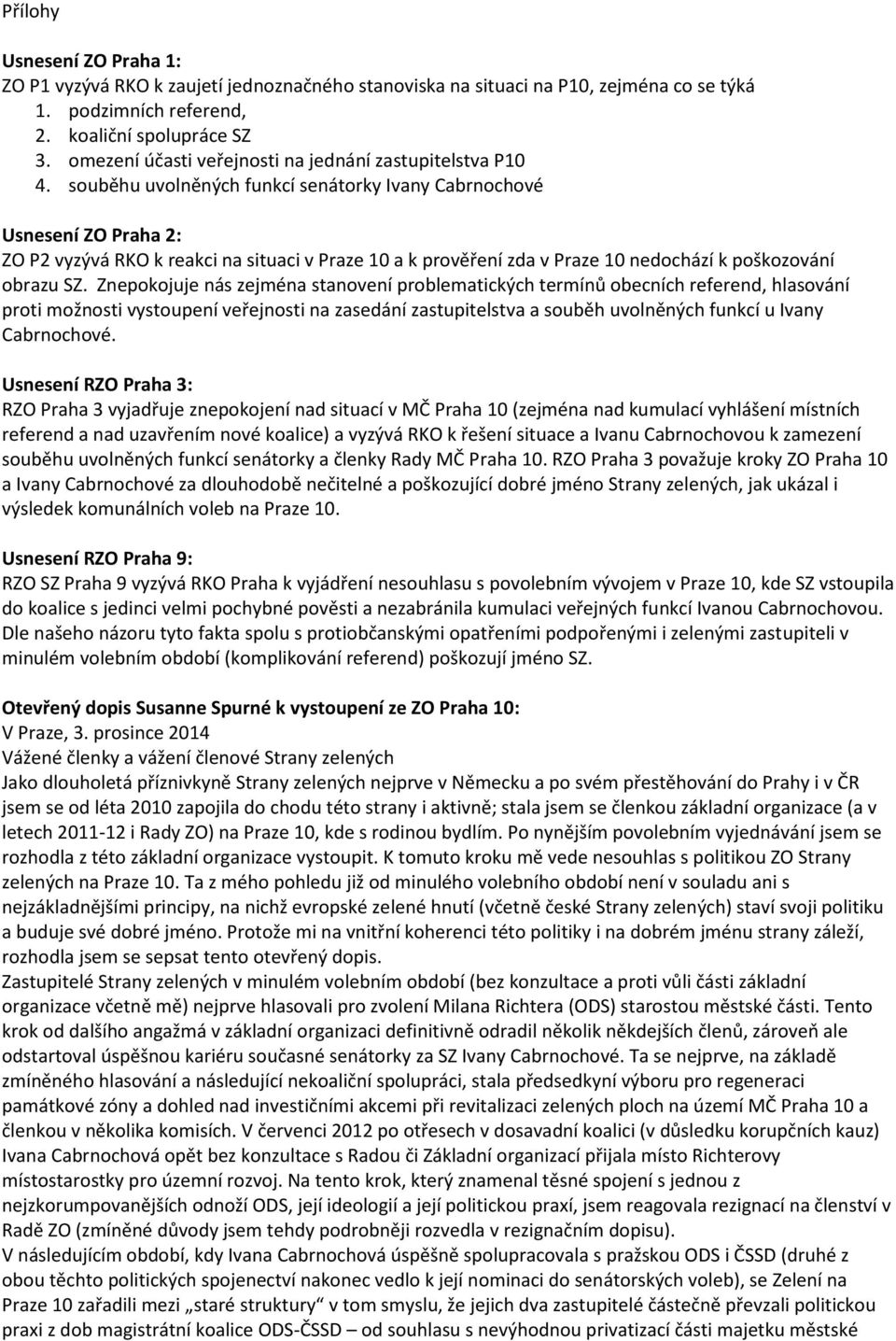 souběhu uvolněných funkcí senátorky Ivany Cabrnochové Usnesení ZO Praha 2: ZO P2 vyzývá RKO k reakci na situaci v Praze 10 a k prověření zda v Praze 10 nedochází k poškozování obrazu SZ.