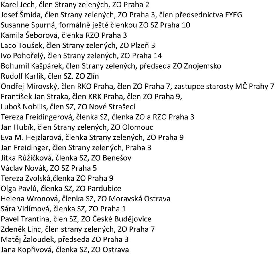 Ondřej Mirovský, člen RKO Praha, člen ZO Praha 7, zastupce starosty MČ Prahy 7 František Jan Straka, člen KRK Praha, člen ZO Praha 9, Luboš Nobilis, člen SZ, ZO Nové Strašecí Tereza Freidingerová,