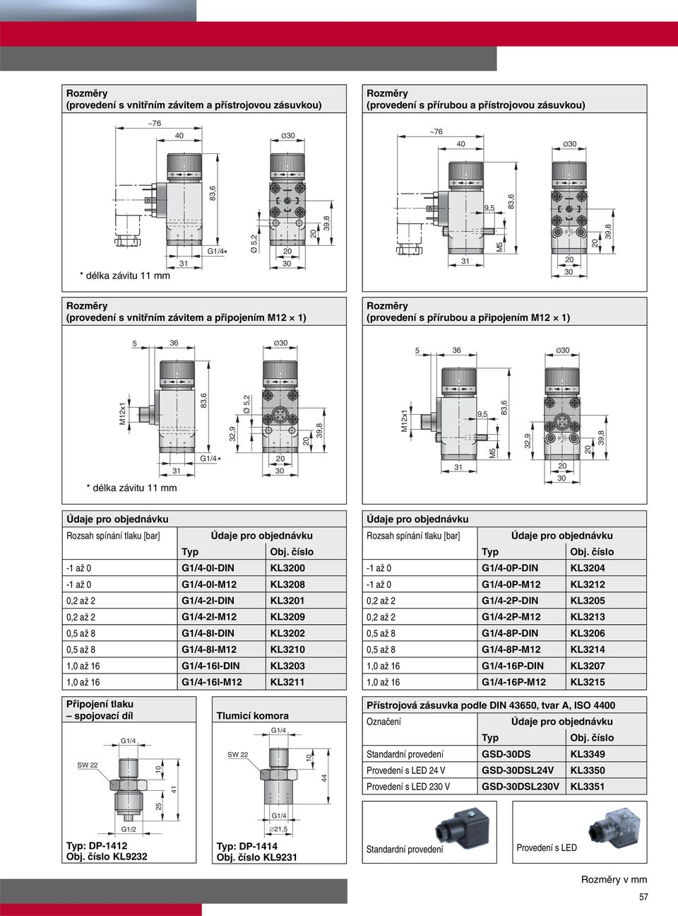 Údaje ro objednávku Rozsah sínání tlaku [bar] Údaje ro objednávku Ty - až G/4-I-DIN KL3 - až G/4-I-M2 KL38,2 až 2 G/4-2I-DIN KL3,2 až 2 G/4-2I-M2 KL39,5 až 8 G/4-8I-DIN KL32,5 až 8 G/4-8I-M2 KL32, až
