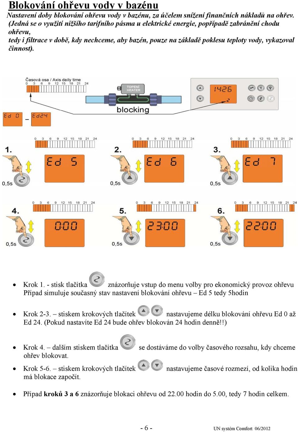 činnost). Krok. - stisk tlačítka znázorňuje vstup do menu volby pro ekonomický provoz ohřevu Případ simuluje současný stav nastavení blokování ohřevu Ed 5 tedy 5hodin Krok 2-3.