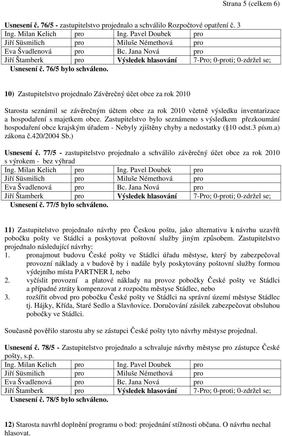 Zastupitelstvo bylo seznámeno s výsledkem přezkoumání hospodaření obce krajským úřadem - Nebyly zjištěny chyby a nedostatky ( 10 odst.3 písm.a) zákona č.420/2004 Sb.) Usnesení č.