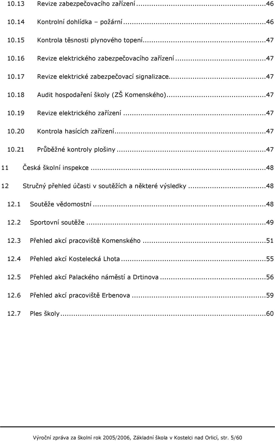 ..48 12 Stručný přehled účasti v soutěžích a některé výsledky...48 12.1 Soutěže vědomostní...48 12.2 Sportovní soutěže...49 12.3 Přehled akcí pracoviště Komenského...51 12.