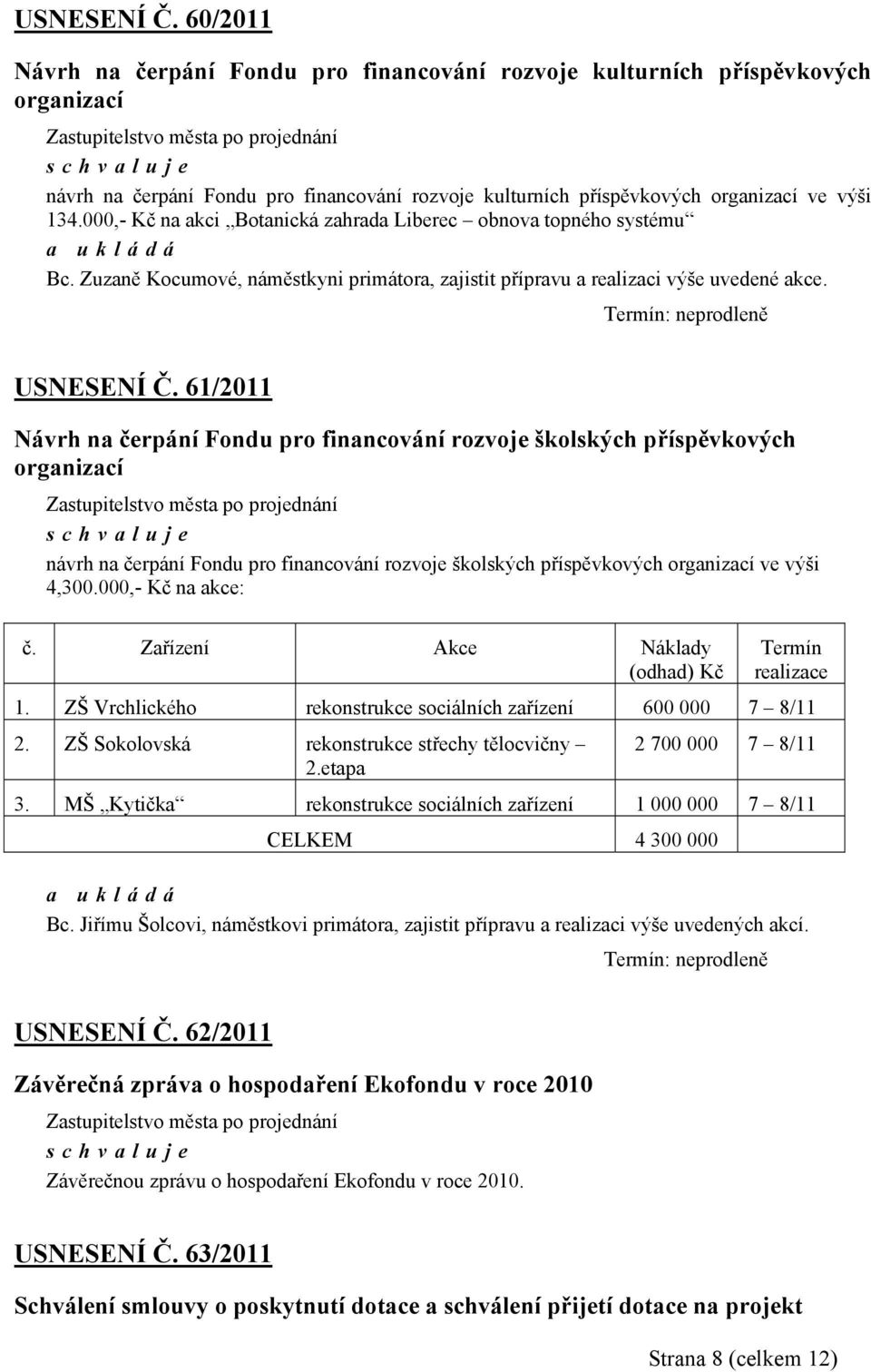 61/2011 Návrh na čerpání Fondu pro financování rozvoje školských příspěvkových organizací návrh na čerpání Fondu pro financování rozvoje školských příspěvkových organizací ve výši 4,300.