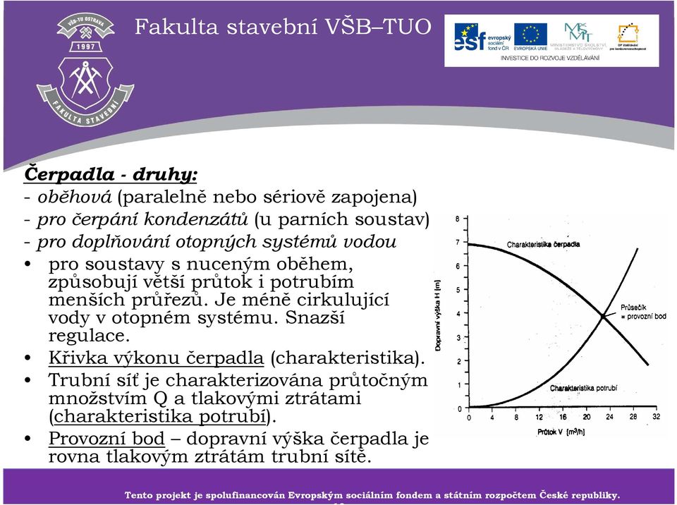 Trubnísíťje charakterizována průtočným množstvím Q a tlakovými ztrátami (charakteristika potrubí). Provozníbod dopravnívýška čerpadla je rovna tlakovým ztrátám trubní sítě.