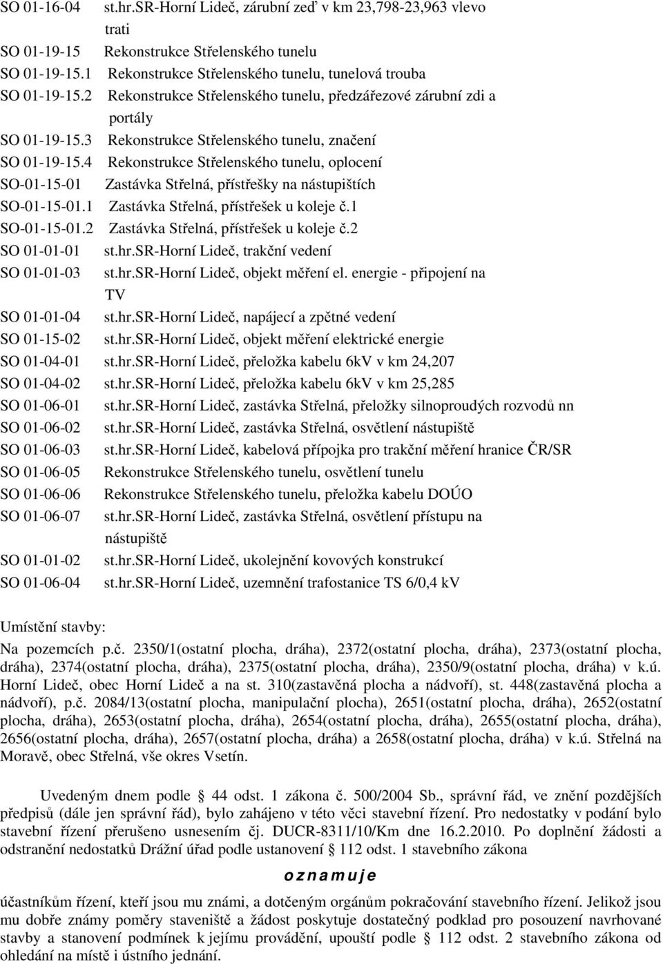 4 Rekonstrukce Střelenského tunelu, oplocení SO-01-15-01 Zastávka Střelná, přístřešky na nástupištích SO-01-15-01.1 Zastávka Střelná, přístřešek u koleje č.1 SO-01-15-01.