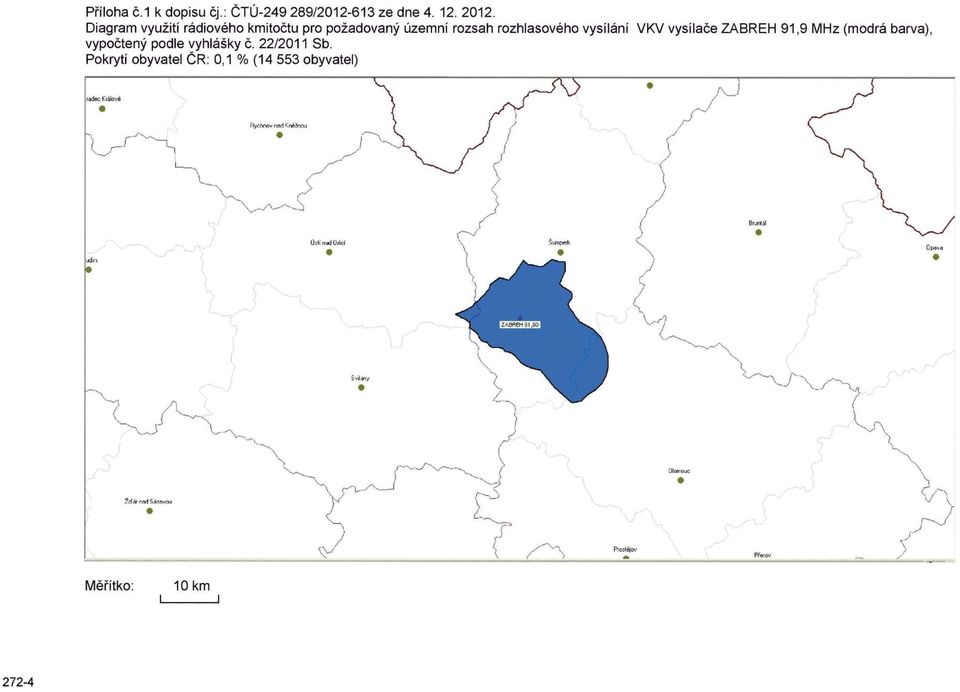 vysílání VKV vysílače ZABREH 91,9 MHz (modrá barva), vypočtený podle