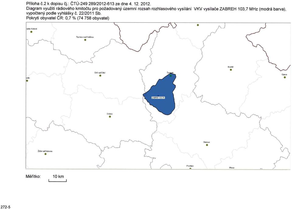 vysílání VKV vysílače ZABREH 103,7 MHz (modrá barva), vypočtený podle