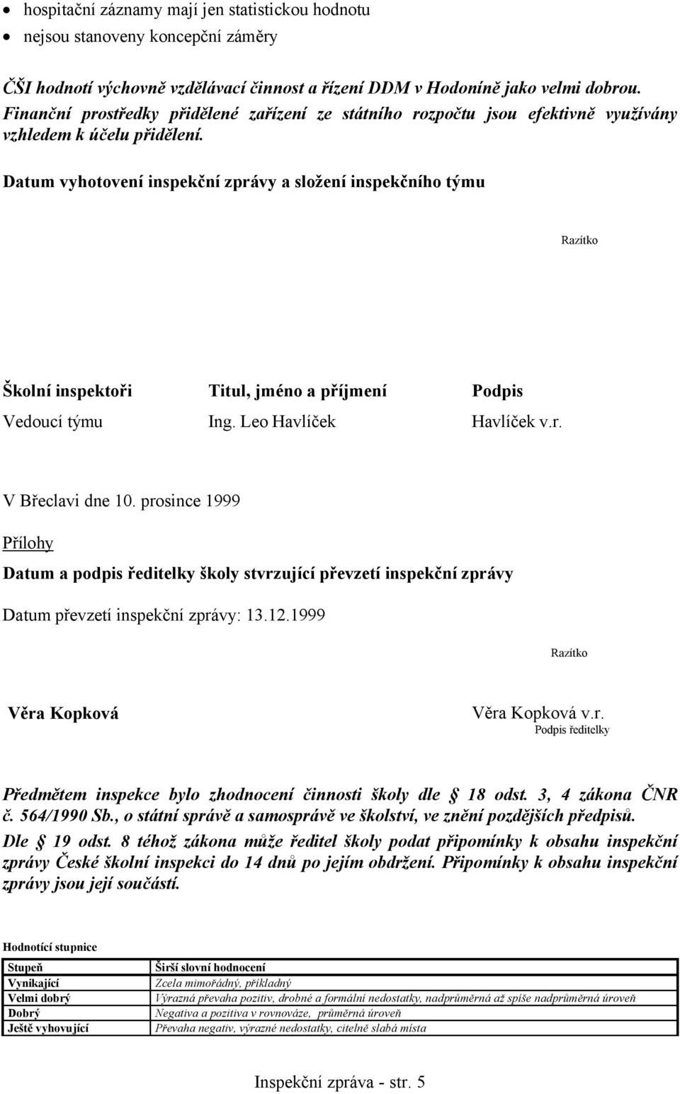 Datum vyhotovení inspekční zprávy a složení inspekčního týmu Razítko Školní inspektoři Titul, jméno a příjmení Podpis Vedoucí týmu Ing. Leo Havlíček Havlíček v.r. V Břeclavi dne 10.