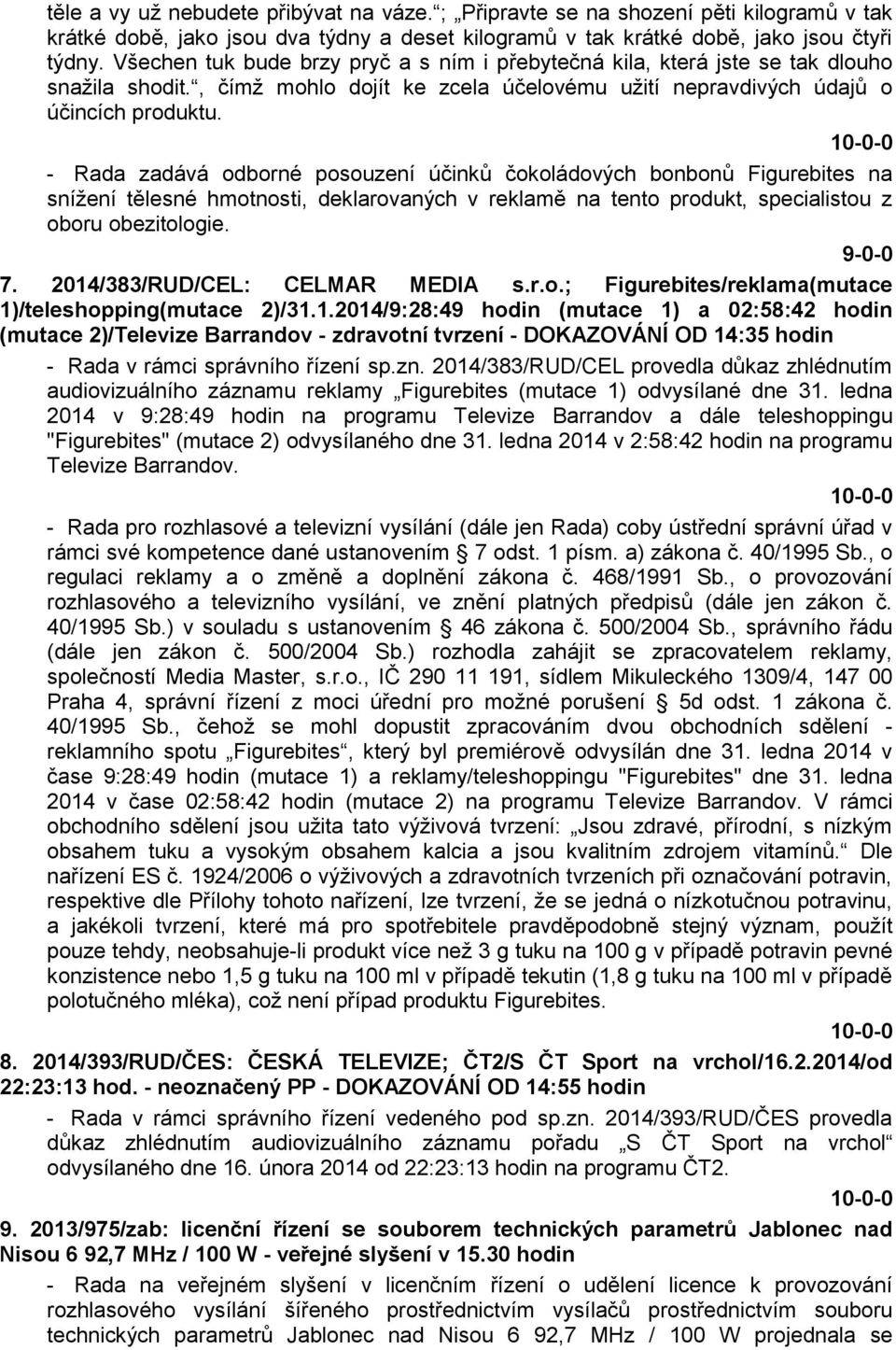 - Rada zadává odborné posouzení účinků čokoládových bonbonů Figurebites na snížení tělesné hmotnosti, deklarovaných v reklamě na tento produkt, specialistou z oboru obezitologie. 9-0-0 7.