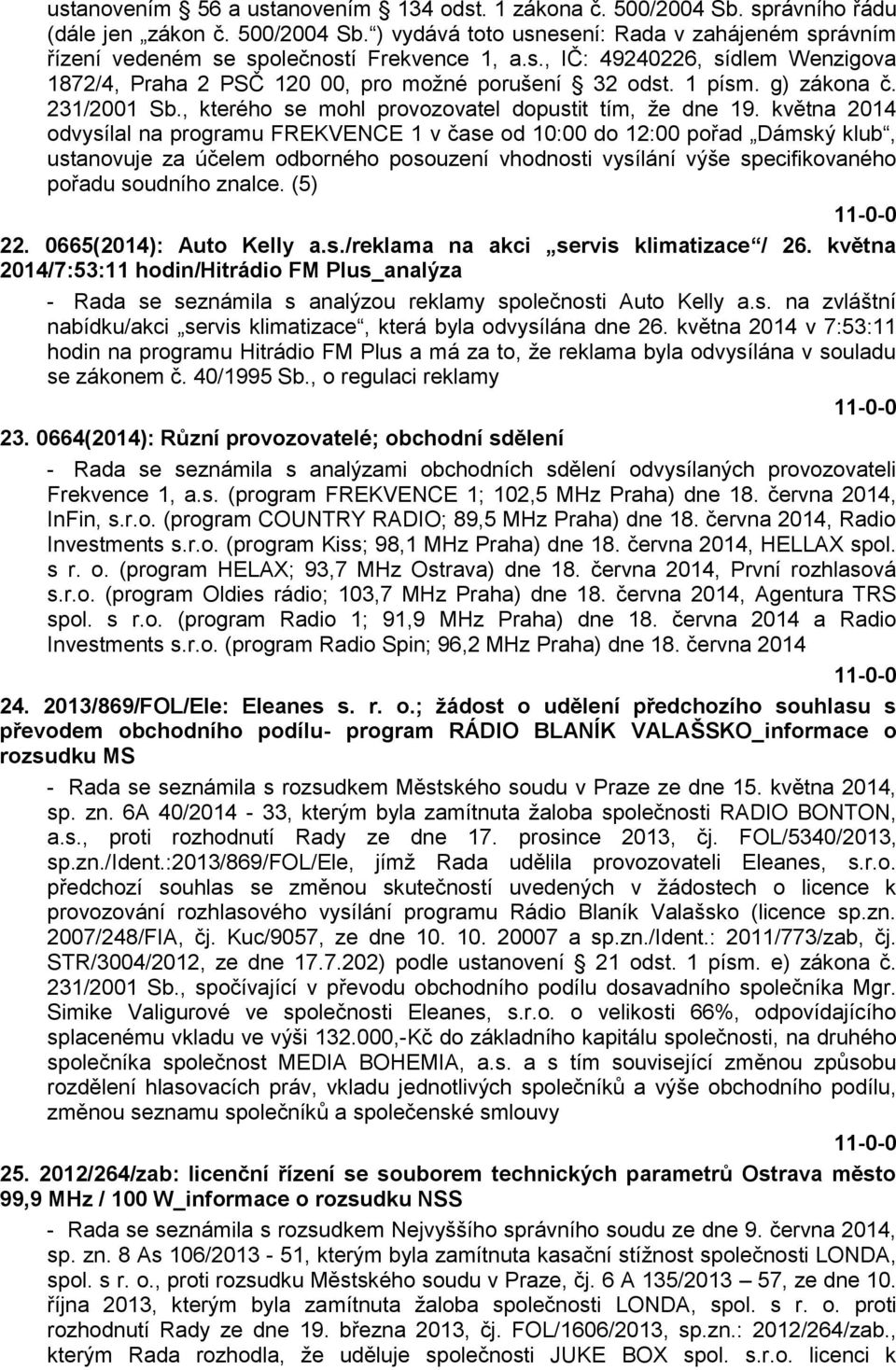 května 2014 odvysílal na programu FREKVENCE 1 v čase od 10:00 do 12:00 pořad Dámský klub, ustanovuje za účelem odborného posouzení vhodnosti vysílání výše specifikovaného pořadu soudního znalce.