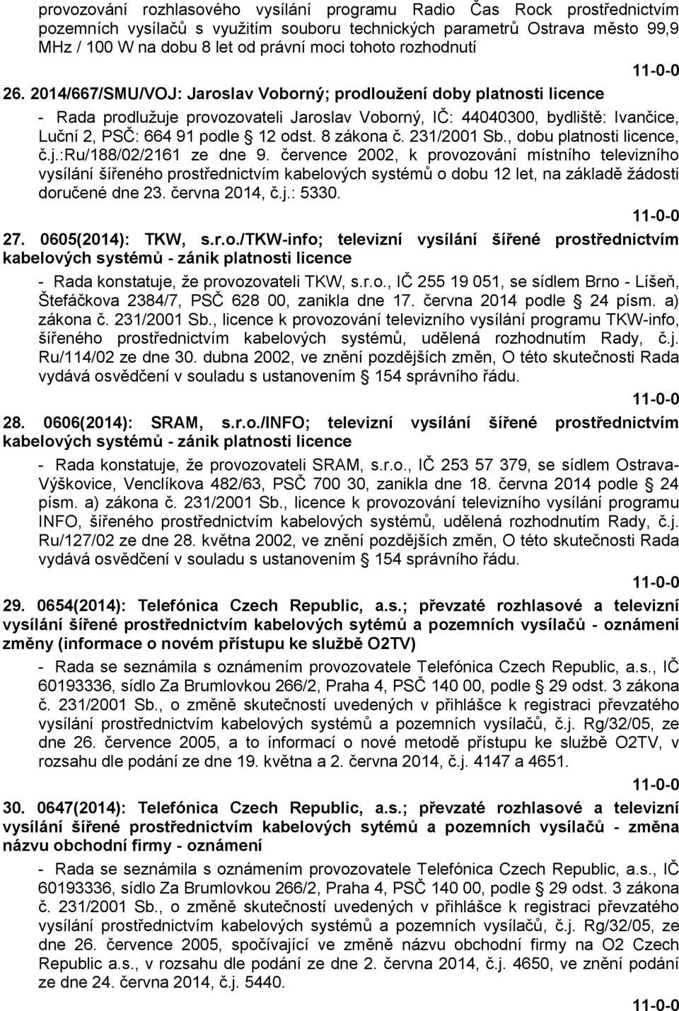 2014/667/SMU/VOJ: Jaroslav Voborný; prodloužení doby platnosti licence - Rada prodlužuje provozovateli Jaroslav Voborný, IČ: 44040300, bydliště: Ivančice, Luční 2, PSČ: 664 91 podle 12 odst.