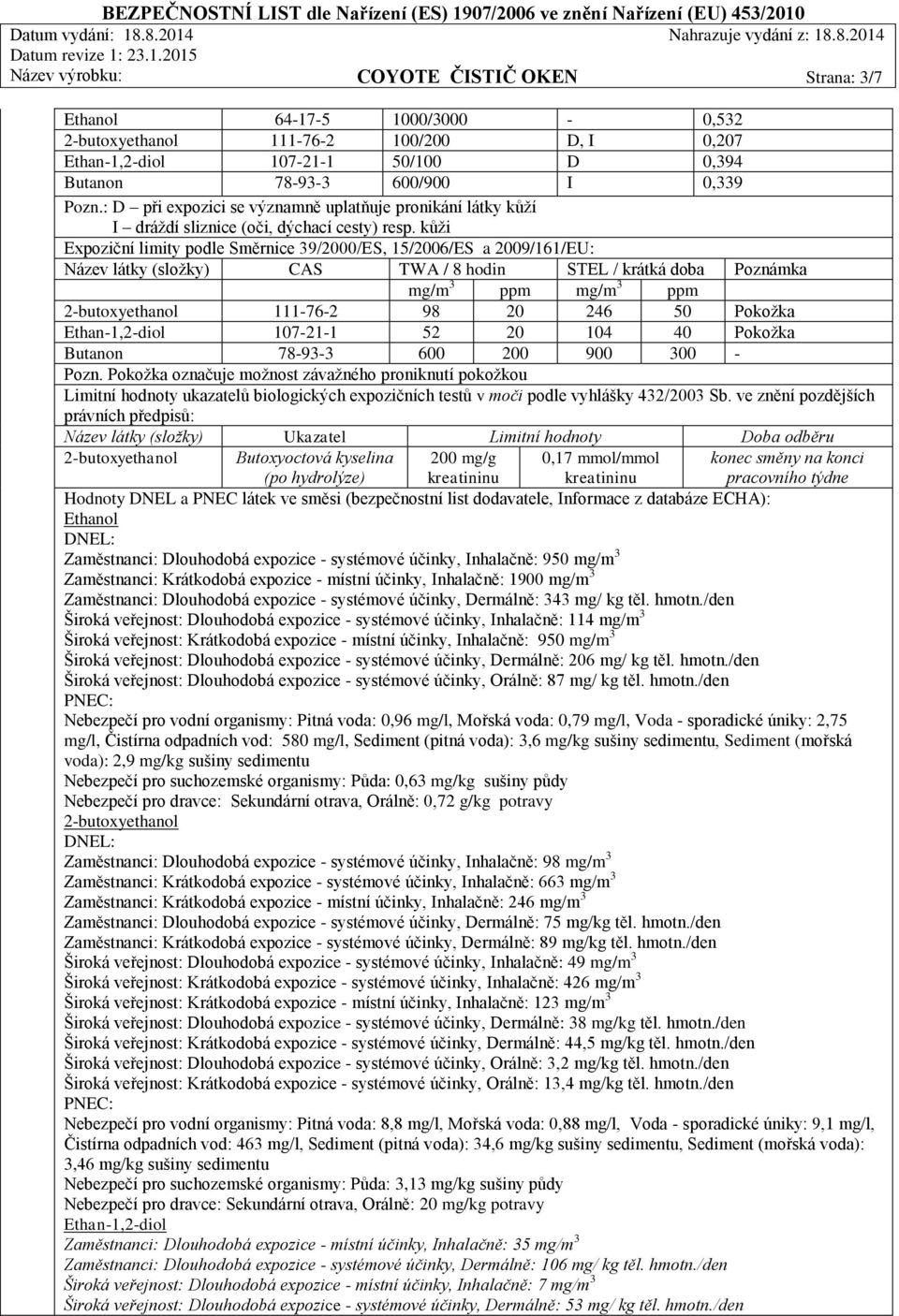 kůži Expoziční limity podle Směrnice 39/2000/ES, 15/2006/ES a 2009/161/EU: Název látky (složky) CAS TWA / 8 hodin STEL / krátká doba Poznámka mg/m 3 ppm mg/m 3 ppm 2-butoxyethanol 111-76-2 98 20 246