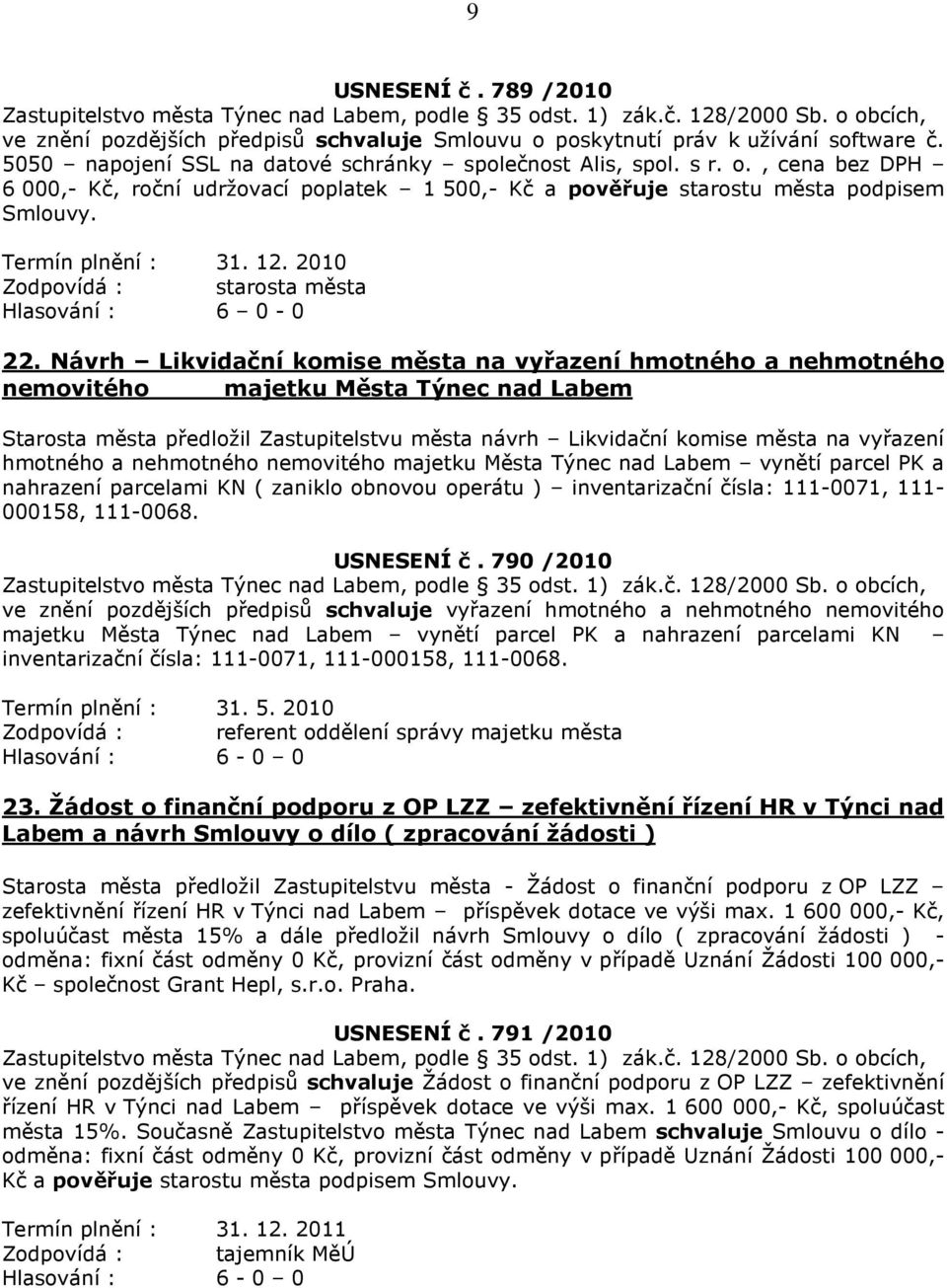 Návrh Likvidační komise města na vyřazení hmotného a nehmotného nemovitého majetku Města Týnec nad Labem Starosta města předložil Zastupitelstvu města návrh Likvidační komise města na vyřazení