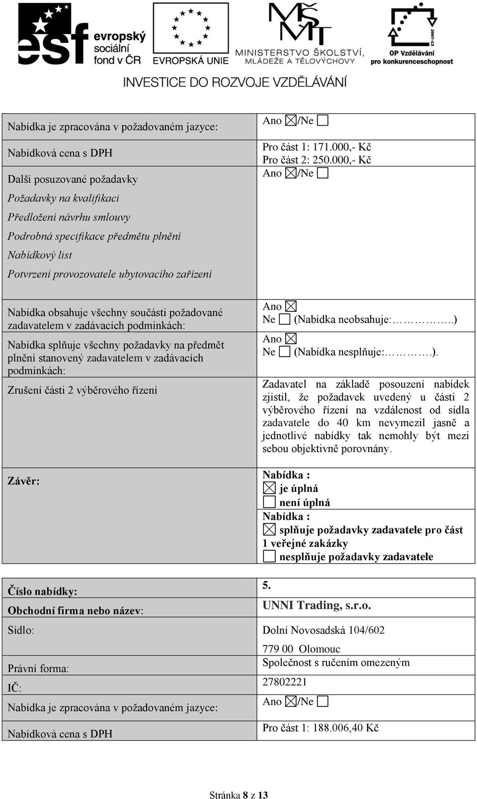 zadavatelem v zadávacích podmínkách: Zrušení části 2 výběrového řízení Závěr: / Pro část 1: 171.000,- Kč Pro část 2: 250.000,- Kč / (Nabídka neobsahuje:..) 